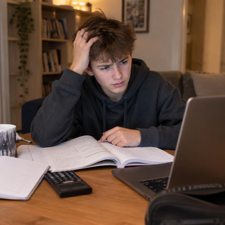 Leerling kijkt vragend naar zijn huiswerk